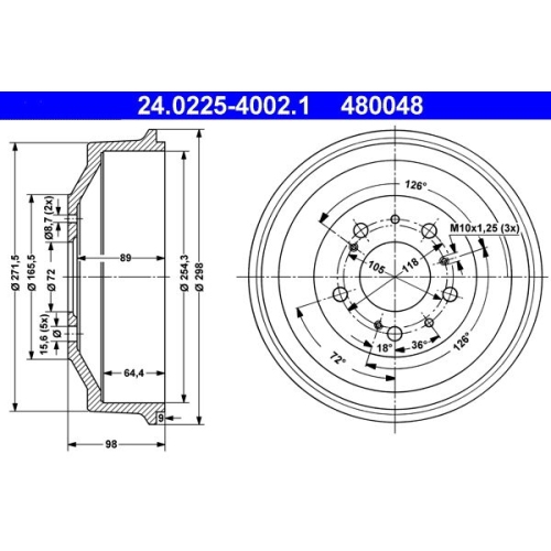 Bremstrommel ATE 24.0225-4002.1 f&uuml;r CITRO&Euml;N FIAT PEUGEOT, Hinterachse
