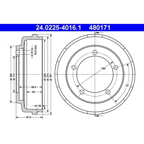 Bremstrommel ATE 24.0225-4016.1 f&uuml;r FORD, Hinterachse