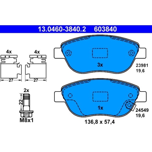 Bremsbelagsatz, Scheibenbremse ATE 13.0460-3840.2 f&uuml;r FIAT OPEL, Vorderachse