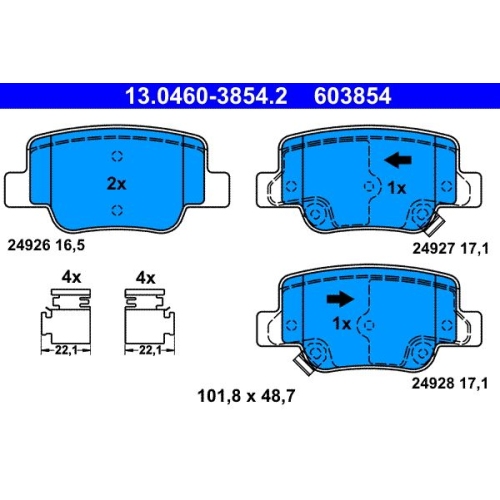 Bremsbelagsatz, Scheibenbremse ATE 13.0460-3854.2 f&uuml;r TOYOTA, Hinterachse