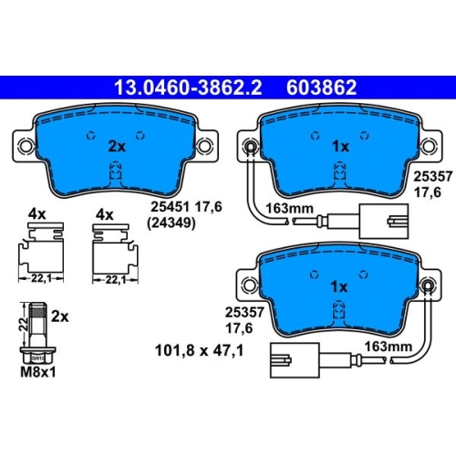 Bremsbelagsatz, Scheibenbremse ATE 13.0460-3862.2 f&uuml;r FIAT, Hinterachse