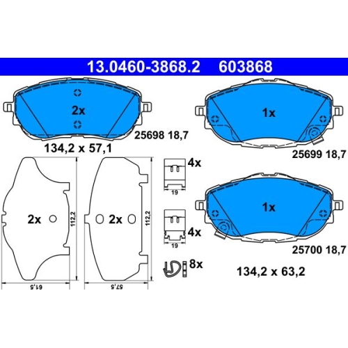 Bremsbelagsatz, Scheibenbremse ATE 13.0460-3868.2 f&uuml;r TOYOTA, Vorderachse