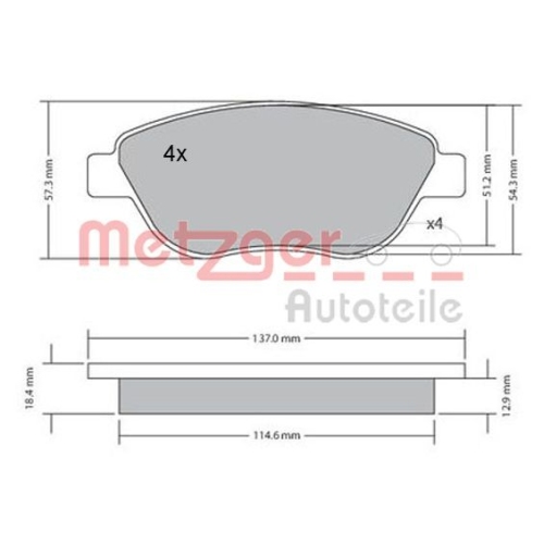 Bremsbelagsatz, Scheibenbremse METZGER 1170048 f&uuml;r CITRO&Euml;N PEUGEOT, Vorderachse