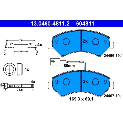 Bremsbelagsatz, Scheibenbremse ATE 13.0460-4811.2 f&uuml;r CITRO&Euml;N FIAT PEUGEOT