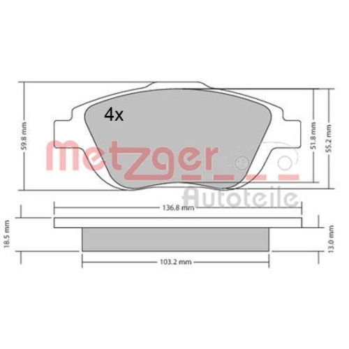 Bremsbelagsatz, Scheibenbremse METZGER 1170326 f&uuml;r CITRO&Euml;N, Vorderachse