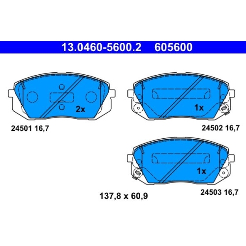 Bremsbelagsatz, Scheibenbremse ATE 13.0460-5600.2 f&uuml;r HYUNDAI KIA, Vorderachse