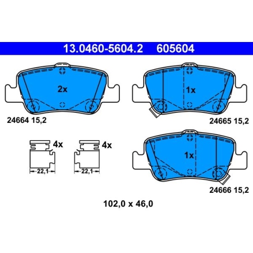 Bremsbelagsatz, Scheibenbremse ATE 13.0460-5604.2 f&uuml;r TOYOTA, Hinterachse