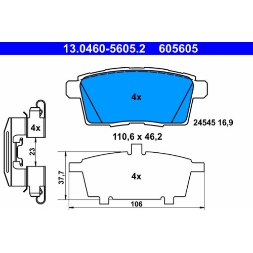Bremsbelagsatz, Scheibenbremse ATE 13.0460-5605.2 f&uuml;r MAZDA, Hinterachse