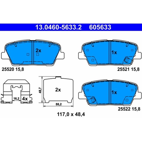 Bremsbelagsatz, Scheibenbremse ATE 13.0460-5633.2 f&uuml;r HYUNDAI KIA, Hinterachse