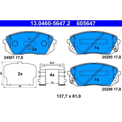 Bremsbelagsatz, Scheibenbremse ATE 13.0460-5647.2 f&uuml;r HYUNDAI KIA, Vorderachse