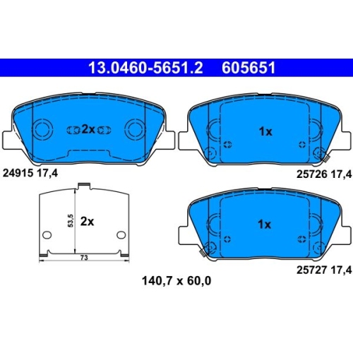 Bremsbelagsatz, Scheibenbremse ATE 13.0460-5651.2 f&uuml;r HYUNDAI KIA, Vorderachse