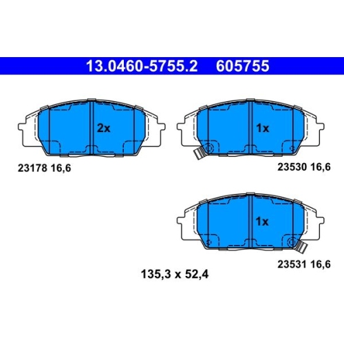 Bremsbelagsatz, Scheibenbremse ATE 13.0460-5755.2 f&uuml;r HONDA, Vorderachse
