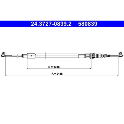 Seilzug, Feststellbremse ATE 24.3727-0839.2 f&uuml;r CITRO&Euml;N PEUGEOT, hinten