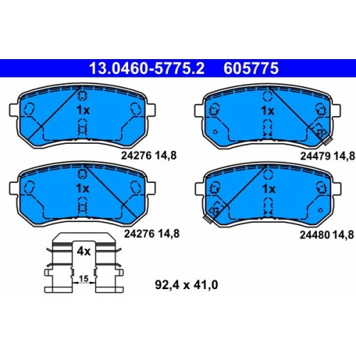 Bremsbelagsatz, Scheibenbremse ATE 13.0460-5775.2 f&uuml;r HYUNDAI KIA, Hinterachse