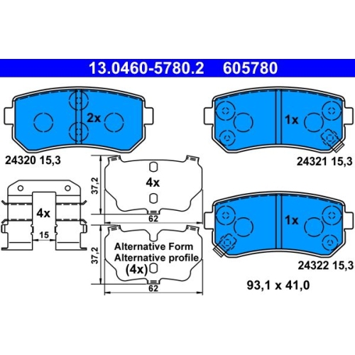 Bremsbelagsatz, Scheibenbremse ATE 13.0460-5780.2 f&uuml;r HYUNDAI KIA, Hinterachse