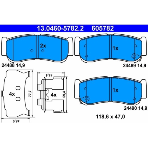 Bremsbelagsatz, Scheibenbremse ATE 13.0460-5782.2 f&uuml;r HYUNDAI, Hinterachse