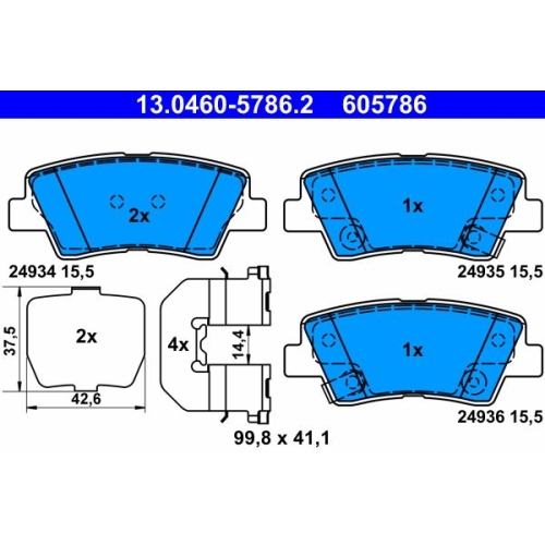 Bremsbelagsatz, Scheibenbremse ATE 13.0460-5786.2 f&uuml;r HYUNDAI KIA, Hinterachse