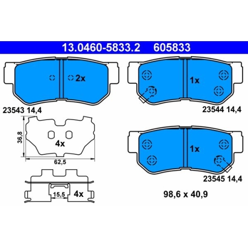Bremsbelagsatz, Scheibenbremse ATE 13.0460-5833.2 f&uuml;r HYUNDAI KIA, Hinterachse