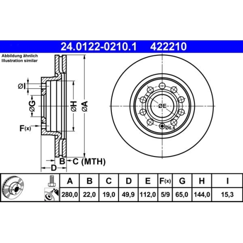 Bremsscheibe ATE 24.0122-0210.1 f&uuml;r SEAT SKODA VAG, Vorderachse