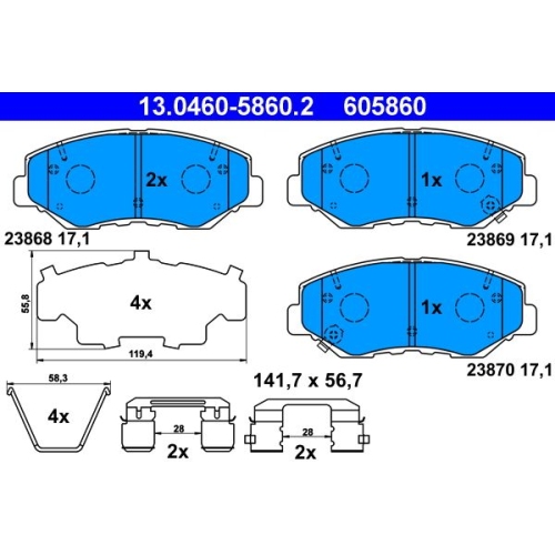 Bremsbelagsatz, Scheibenbremse ATE 13.0460-5860.2 f&uuml;r HONDA, Vorderachse
