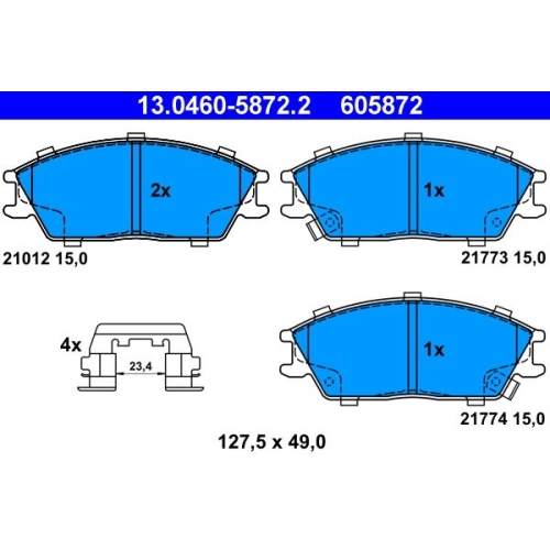 Bremsbelagsatz, Scheibenbremse ATE 13.0460-5872.2 f&uuml;r HYUNDAI KIA, Vorderachse