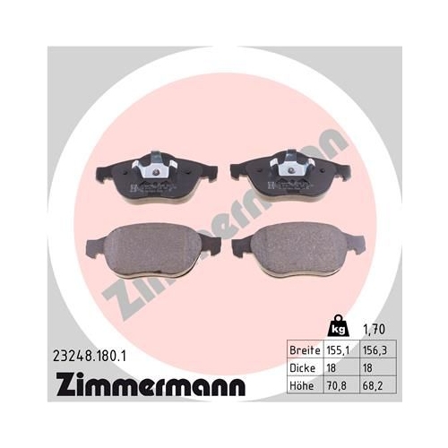 Bremsbelagsatz, Scheibenbremse ZIMMERMANN 23248.180.1 f&uuml;r RENAULT, Vorderachse