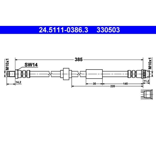 Bremsschlauch ATE 24.5111-0386.3 f&uuml;r NISSAN OPEL RENAULT, Hinterachse, mitte