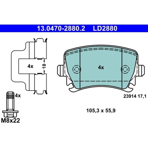 Bremsbelagsatz, Scheibenbremse ATE 13.0470-2880.2 ATE Ceramic f&uuml;r SEAT SKODA VAG