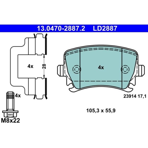 Bremsbelagsatz, Scheibenbremse ATE 13.0470-2887.2 ATE Ceramic f&uuml;r VAG