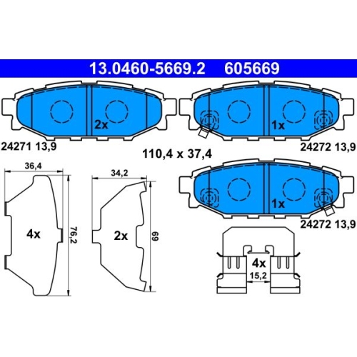 Bremsbelagsatz, Scheibenbremse ATE 13.0460-5669.2 f&uuml;r SUBARU, Hinterachse
