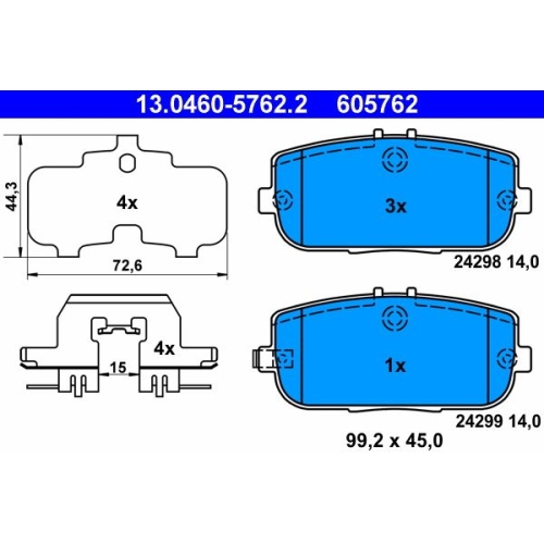 Bremsbelagsatz, Scheibenbremse ATE 13.0460-5762.2 f&uuml;r FIAT MAZDA, Hinterachse