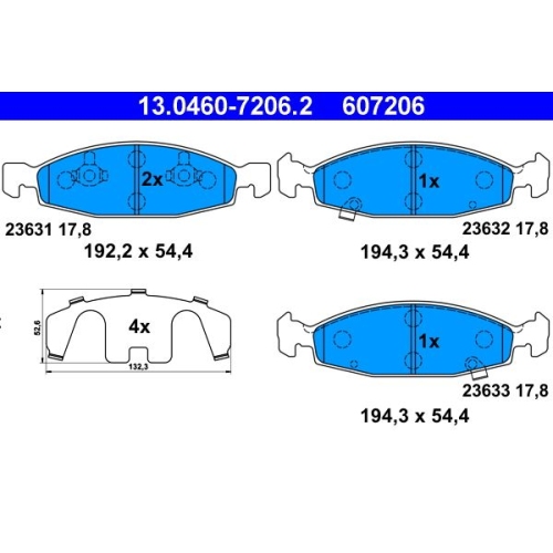 Bremsbelagsatz, Scheibenbremse ATE 13.0460-7206.2 f&uuml;r JEEP, Vorderachse