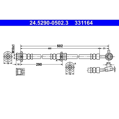 Bremsschlauch ATE 24.5290-0502.3 f&uuml;r NISSAN, Vorderachse rechts
