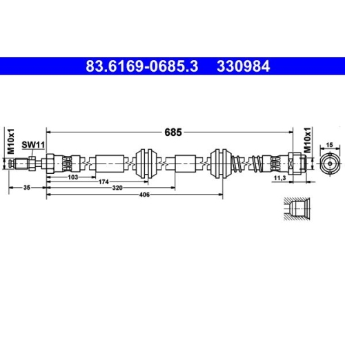 Bremsschlauch ATE 83.6169-0685.3 f&uuml;r VAG, Vorderachse