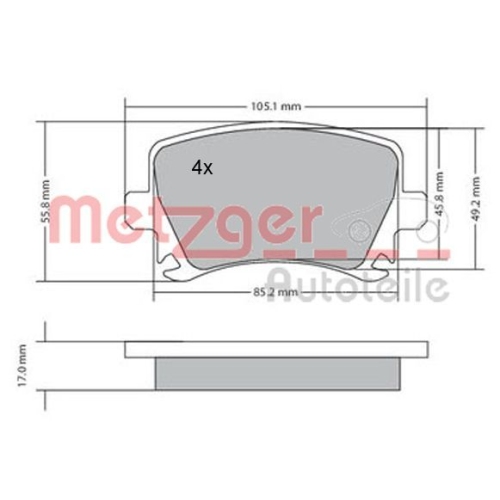 Bremsbelagsatz, Scheibenbremse METZGER 1170005 f&uuml;r VAG, Hinterachse