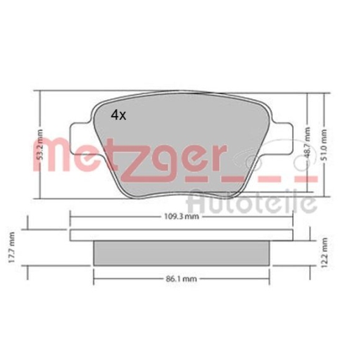 Bremsbelagsatz, Scheibenbremse METZGER 1170106 GREENPARTS f&uuml;r VAG, Hinterachse