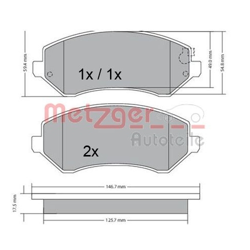 Bremsbelagsatz, Scheibenbremse METZGER 1170378 f&uuml;r CHRYSLER, Vorderachse