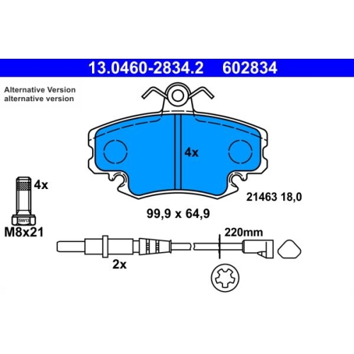 Bremsbelagsatz, Scheibenbremse ATE 13.0460-2834.2 f&uuml;r RENAULT DACIA, Vorderachse