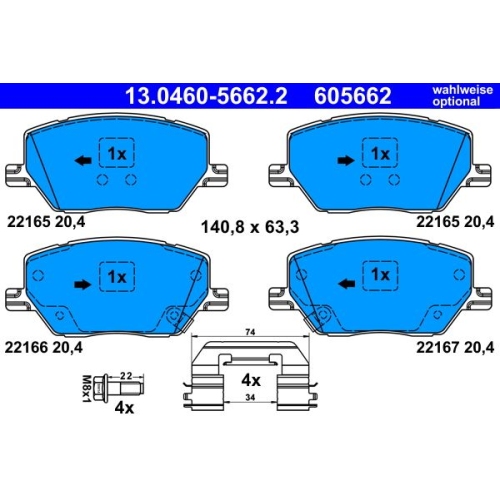 Bremsbelagsatz, Scheibenbremse ATE 13.0460-5662.2 f&uuml;r FIAT JEEP, Vorderachse